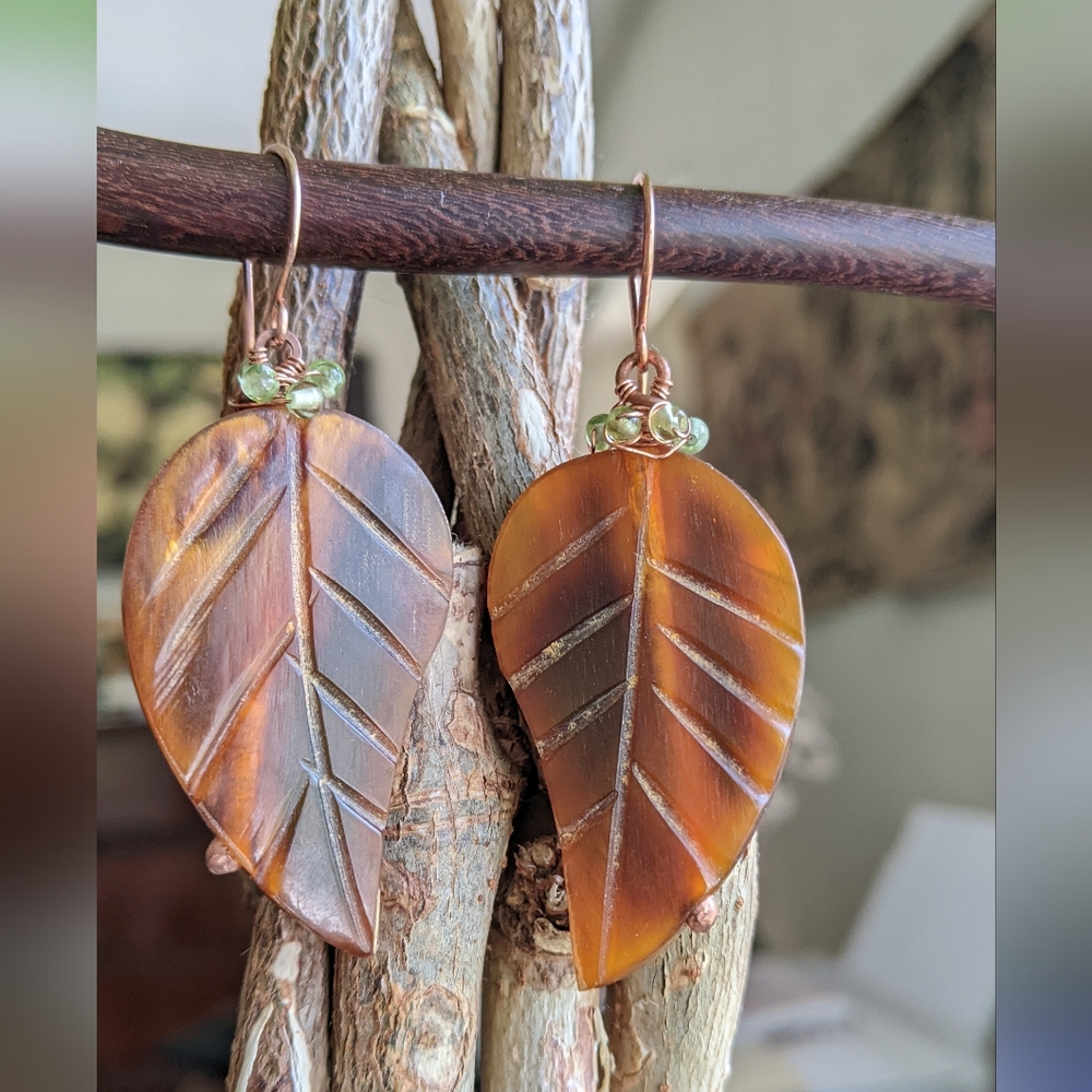 Artisan Autumn Leaf Earrings Carved Horn Hand Wrapped In Solid Copper - Picture 14 of 16